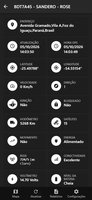 Aplicativo xTrackFoz: Detalhes do veículo